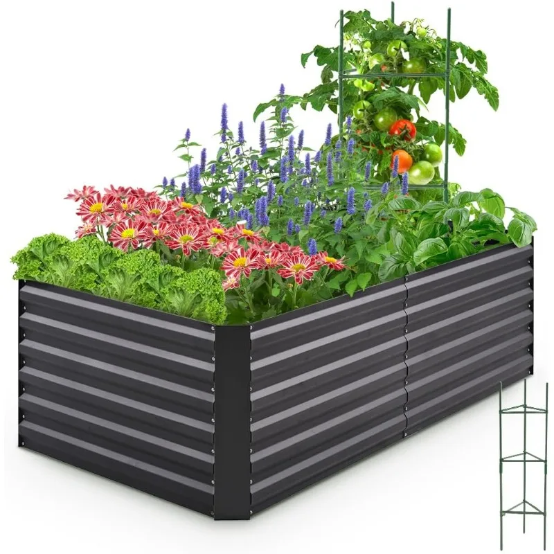 

Galvanized Raised Garden Bed Metal Planter Box Bottomless for Backyard Outdoor, Include 1 pc Tomato Cage (Dark Gray)