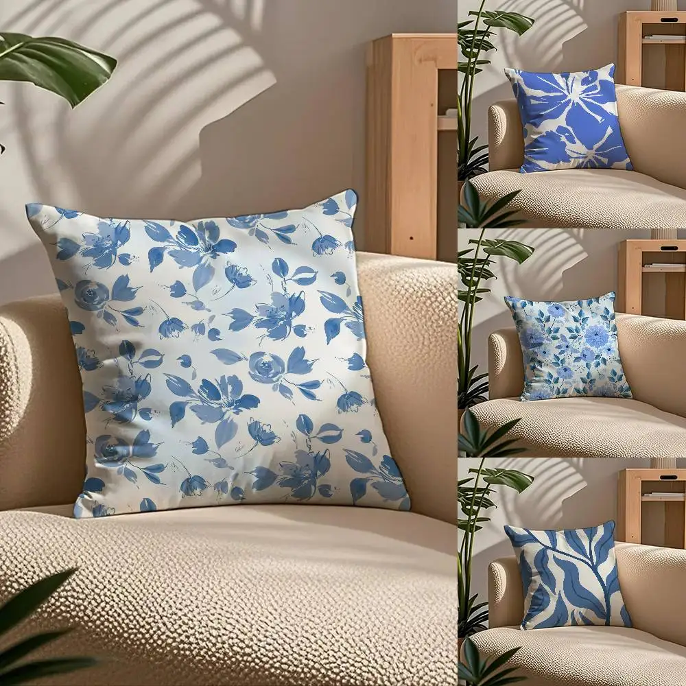 

E-Elegant Blue Floral Anime Pillow Case Comfort Sofa Bed Silky elegant Invisible zipper Custom Decorative cushion cover