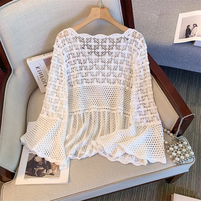 plus Size Knitted Sweater Hollow out Floral Embroidery Casual Top Pure Color Overalls Spring Autumn Faion Bell Sve Outer...