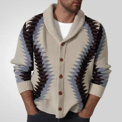 Winter Striped Button Cardigan Men's Sweater Jacket Vintage Print Casual Warm Wool Sweater Top Knitted Sweater Jackets Mens