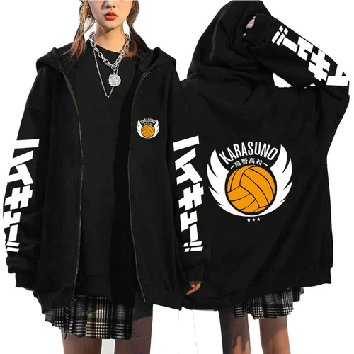 Karasuno High School Haikyuu voleibol Junior patrón estampado hombres mujeres Casual polar cremallera Sudadera con capucha moda tendencia sudadera