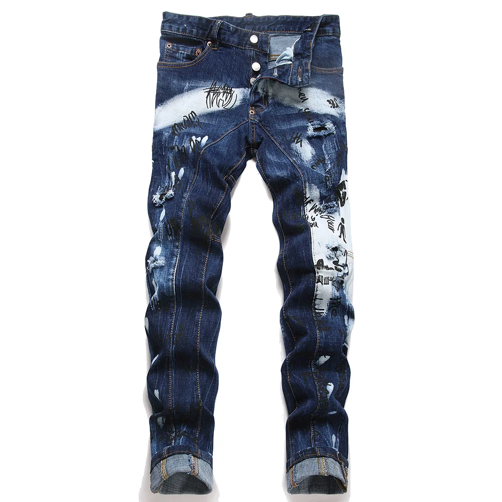 Men Letters Printed Denim Jeans Holes Ripped Patchwork Spliced Pants Button Fly Slim Tapered Stretch Trousers
