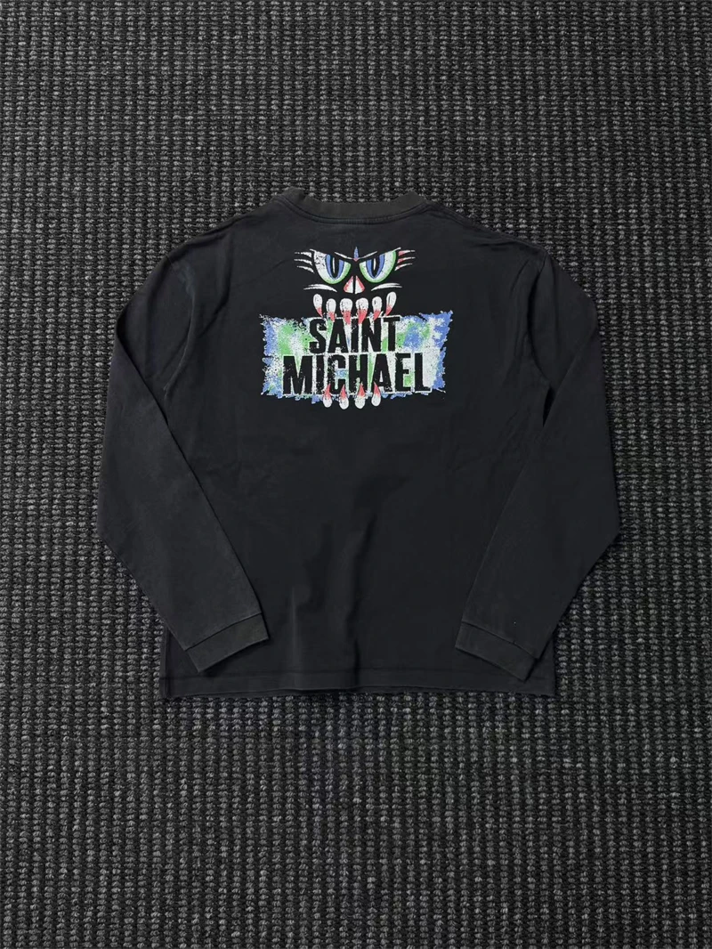 New Saint of Michael Vintage Letter Printed Washed Long Sleeved High Street Casual Loose Cotton Round Neck Simple Sports T-shirt