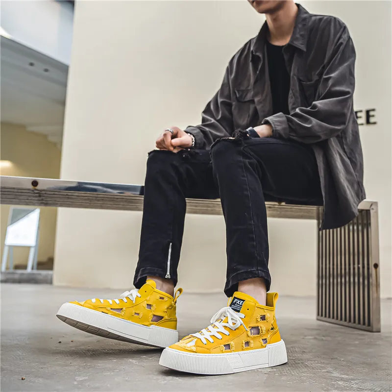 Summer Canvas High Top Sneakers Men Fashion Yellow Platform Men\'s Skateboard Shoes Hollow Breathable Casual Vulcanized Shoes Men