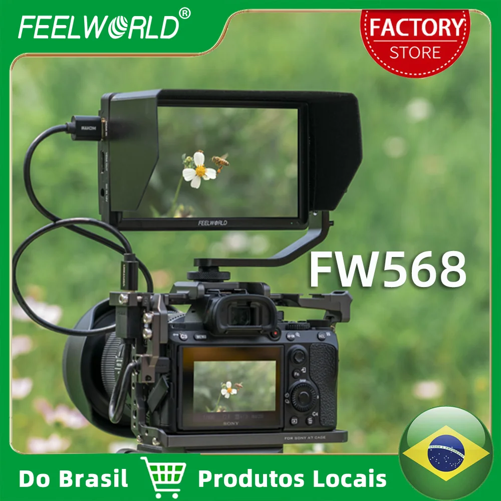 Monitor Portátil FEELWORLD FW568 V3 de 6 Polegadas para Câmeras DSLR com Monitor de Forma de Onda, Entrada e Saída HDMI 4K, Full HD 1920x1080, Braço Articulado e Saída de Energia