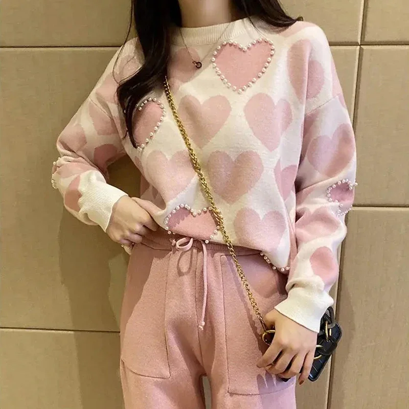 Love Printed Knit Two Peice Set Women Long Sleeve Sweater Pullover Tops Suits Casual Jogger Pants Conjunto Knitwear Korean Sets