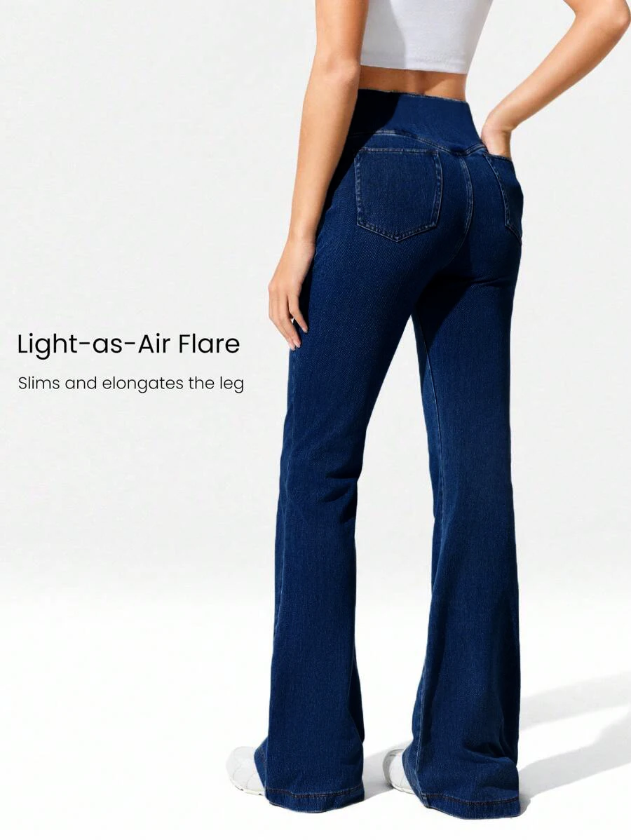 Damen High-Stretch Cross-Waist Flare Denim für Casual, Hüftbetonende Strick-Denimhose mit Tasche, Fitness Bootcut-Hose – Detail 2