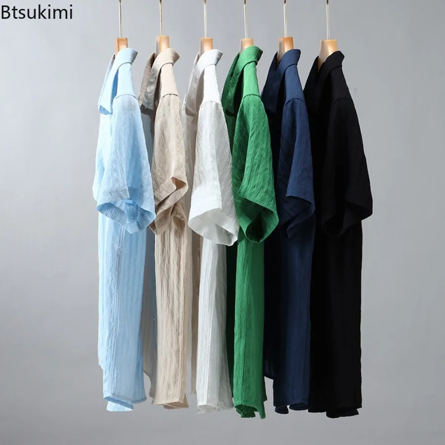 Summer New Solid Stripe Shirts for Men Breathable Short Sleeve Single-breasted Lapel Shirts Simple Casual Blouses Men Basic Tops