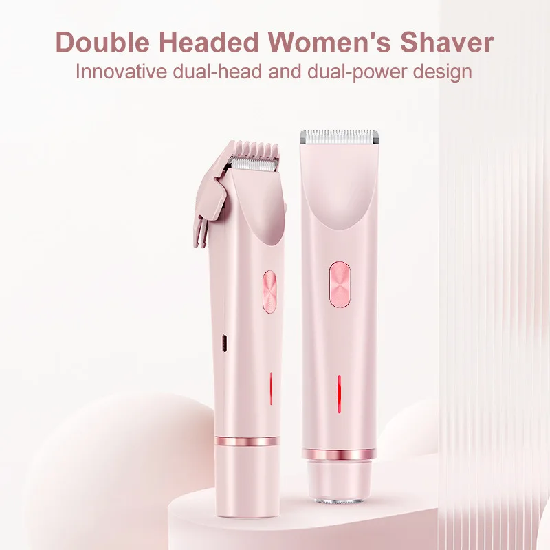 2 in 1 Women Dual-Head Painless Electric Razors Bikini Trimmer Wet Dry Use for Ladies Pubic Hair Detachable Head Electric Shaver