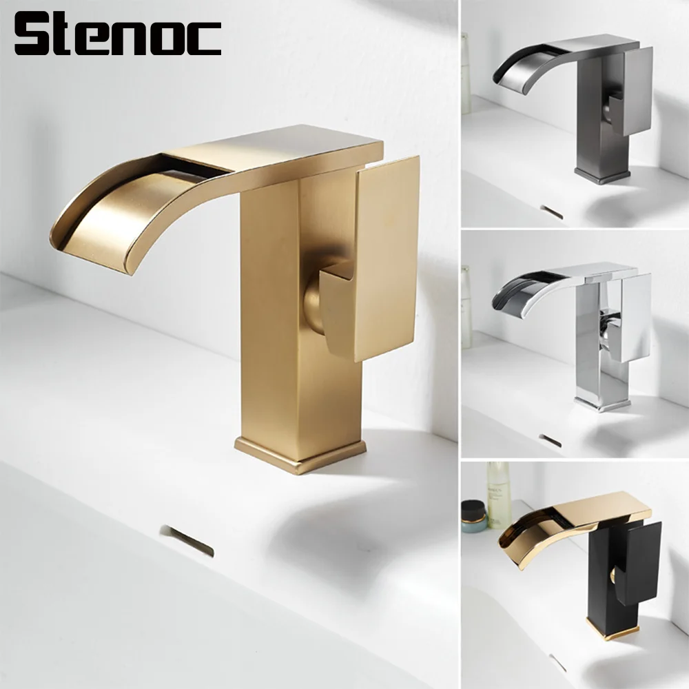 

Brushed Gold Waterfall Wash Basin Stainless Steel Single Handle Hot And Cold Water Mixer Tap Deck Mounted Water Sink Tap Mixer