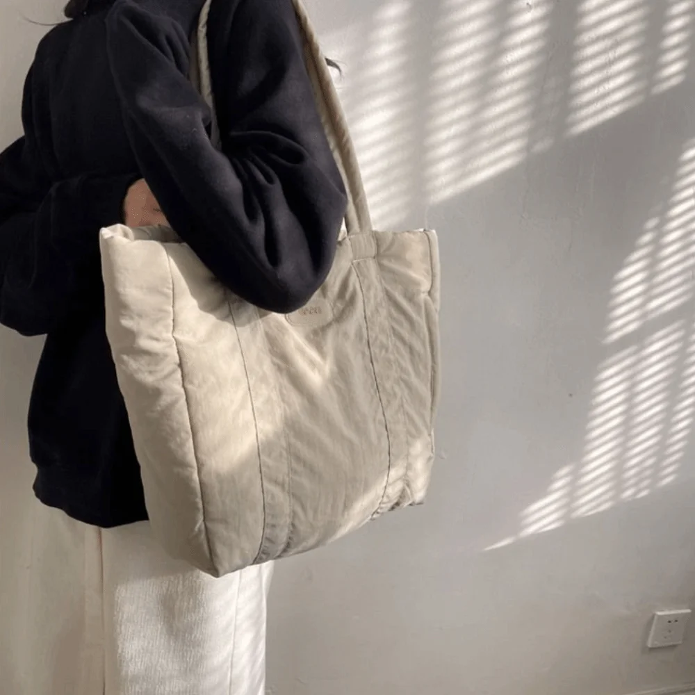 

Simple Large Capacity Women Puffer Tote Bag Soft Casual Padding Handbag Lightweight Cotton Nylon Shoulder Bag Shopping