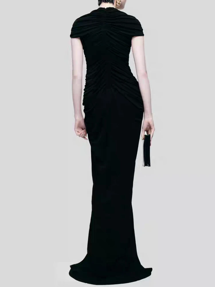 En el otoño de 2022, ropa de mujer: vestido plisado recortado retro de color sólido, vestido de noche sexy, vestido irregular ajustado elástico