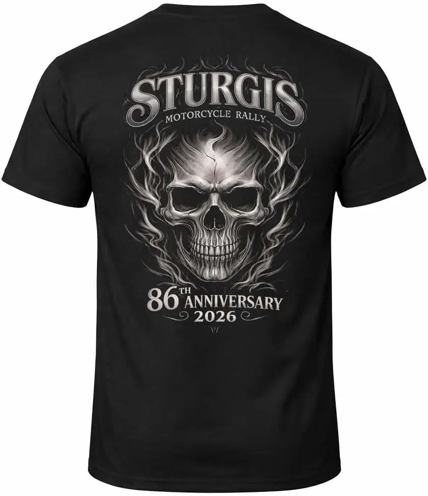 2026 Sturgis Motorcycle Rally Smokey Skull Men's Preshrunk T-Shirt - 86Th Anniversary 100% Cotton Trendy Y2K Short-Sleeve