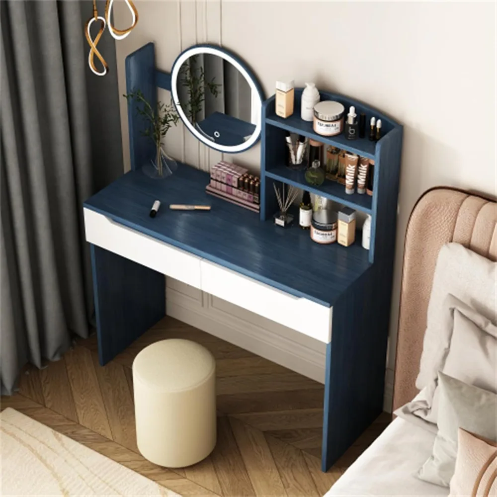 طاولة زينة خشبية، طاولة مع مرآة مكياج عالية الوضوح، درجين، أثاث غرفة نوم، غرفة نوم شقة، أزرق