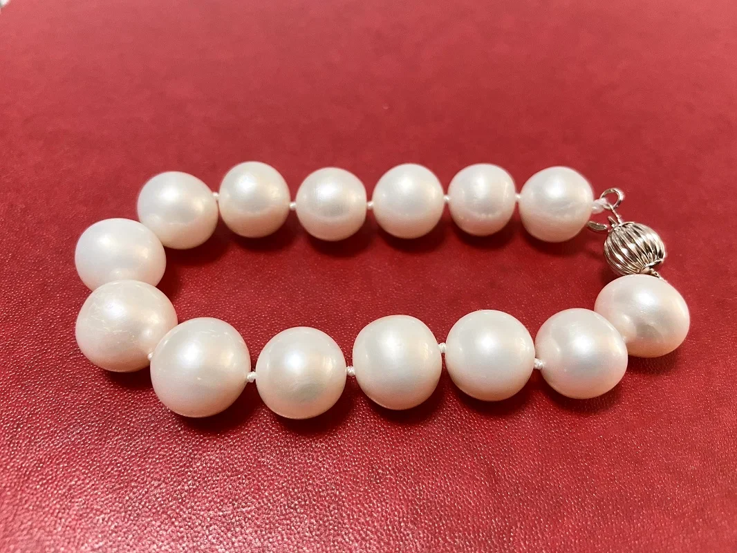 

Elegant Fine Bracelet for Women 7.5"12-13mm Nearly Round White Genuine Sea Pearl Jewelry 925 Sterling Silver