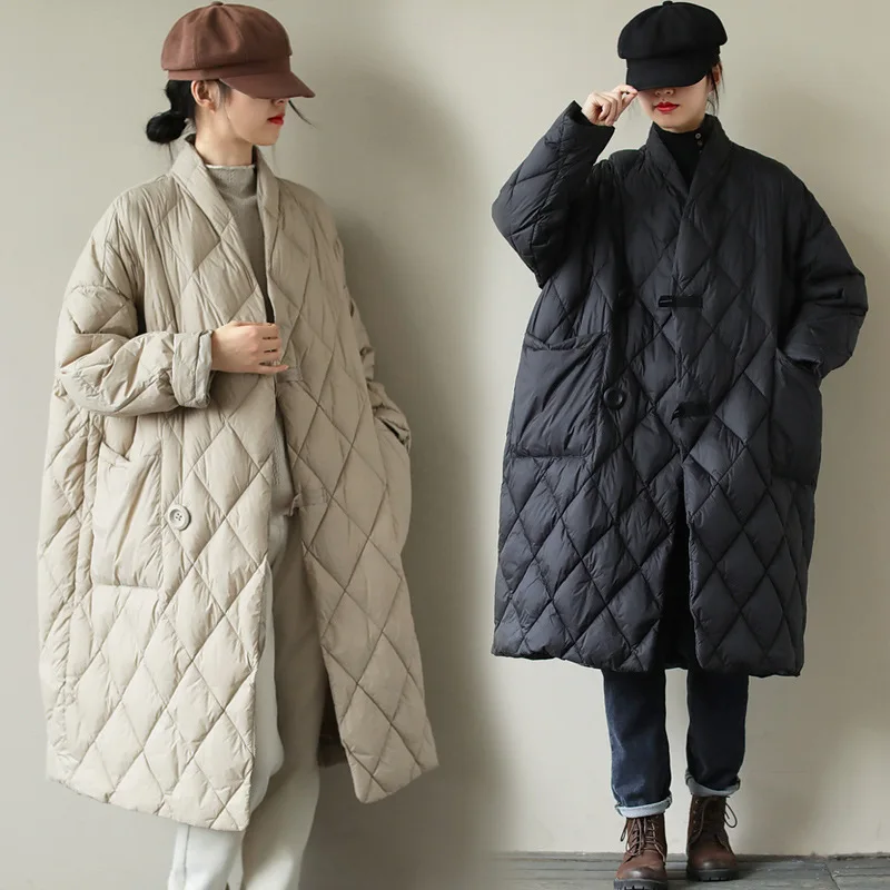 Autumn Winter Retro Literature Art Down Cotton Jacket Large Size Loose Stand Collor Solid Parka Female Lightweight Puffer Jacket
