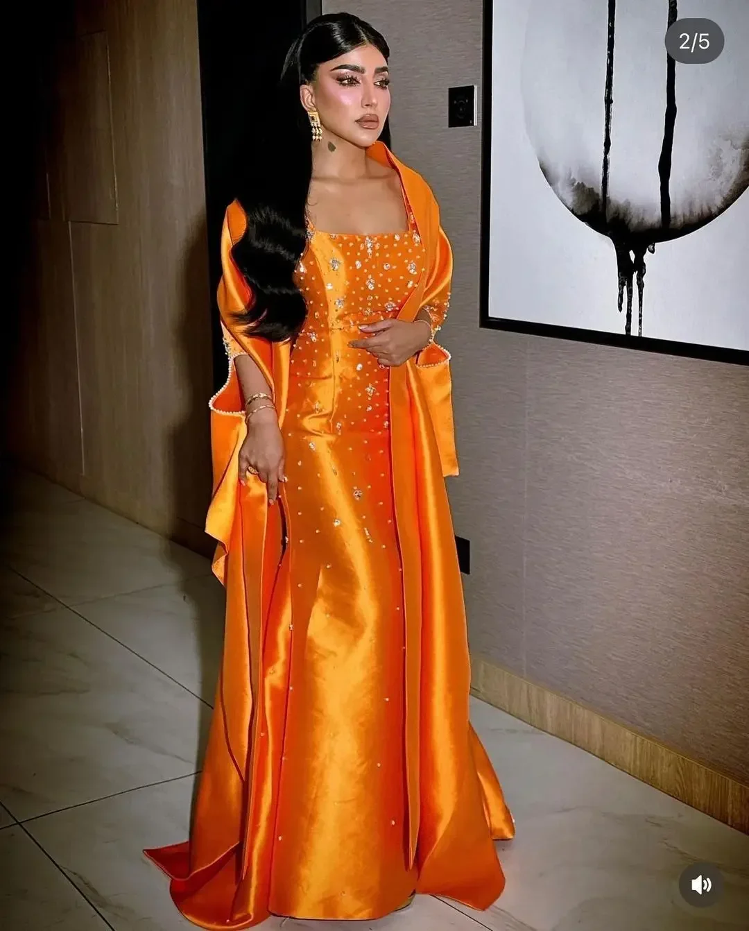 Strapless Pleated Prom Dresses Orange Mermaid Sleeveless Evening Dress Beadings Crystals Floor Length Saudi Arabia Party Dresses