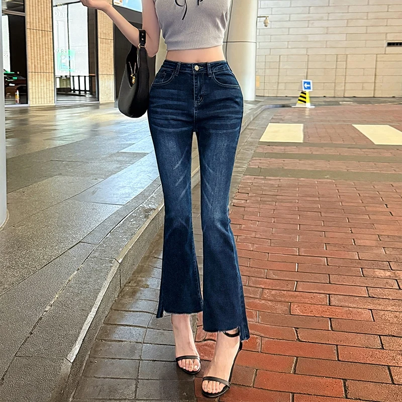 Women's Summer Sexy Side Padded Hip Enhancing Skinny Ankle Length Flare Jeans Lady Streetwear Slim Boot Cut Jeans