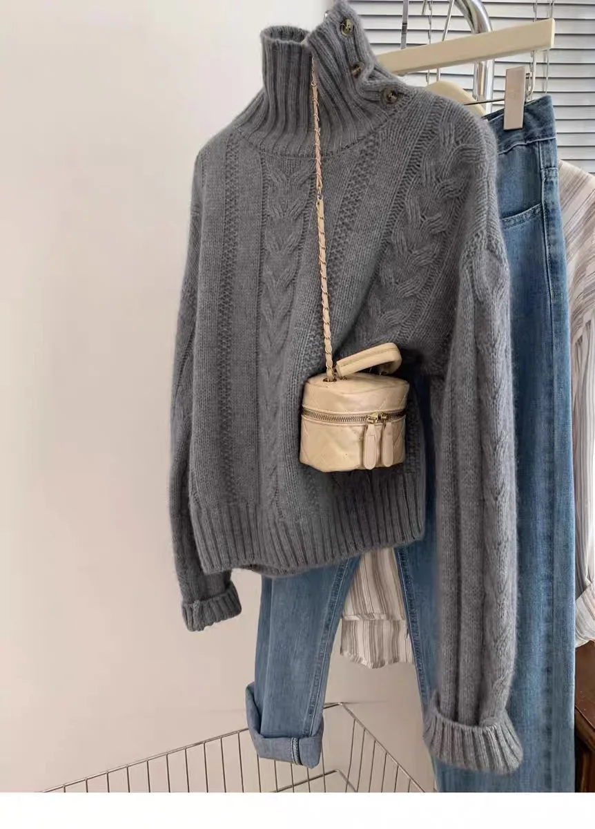 Women's 100% Merino Wool Turtleneck Pullover Sweater Oversize Loose Simple Cashmere Knitwear for Autumn Winter Top