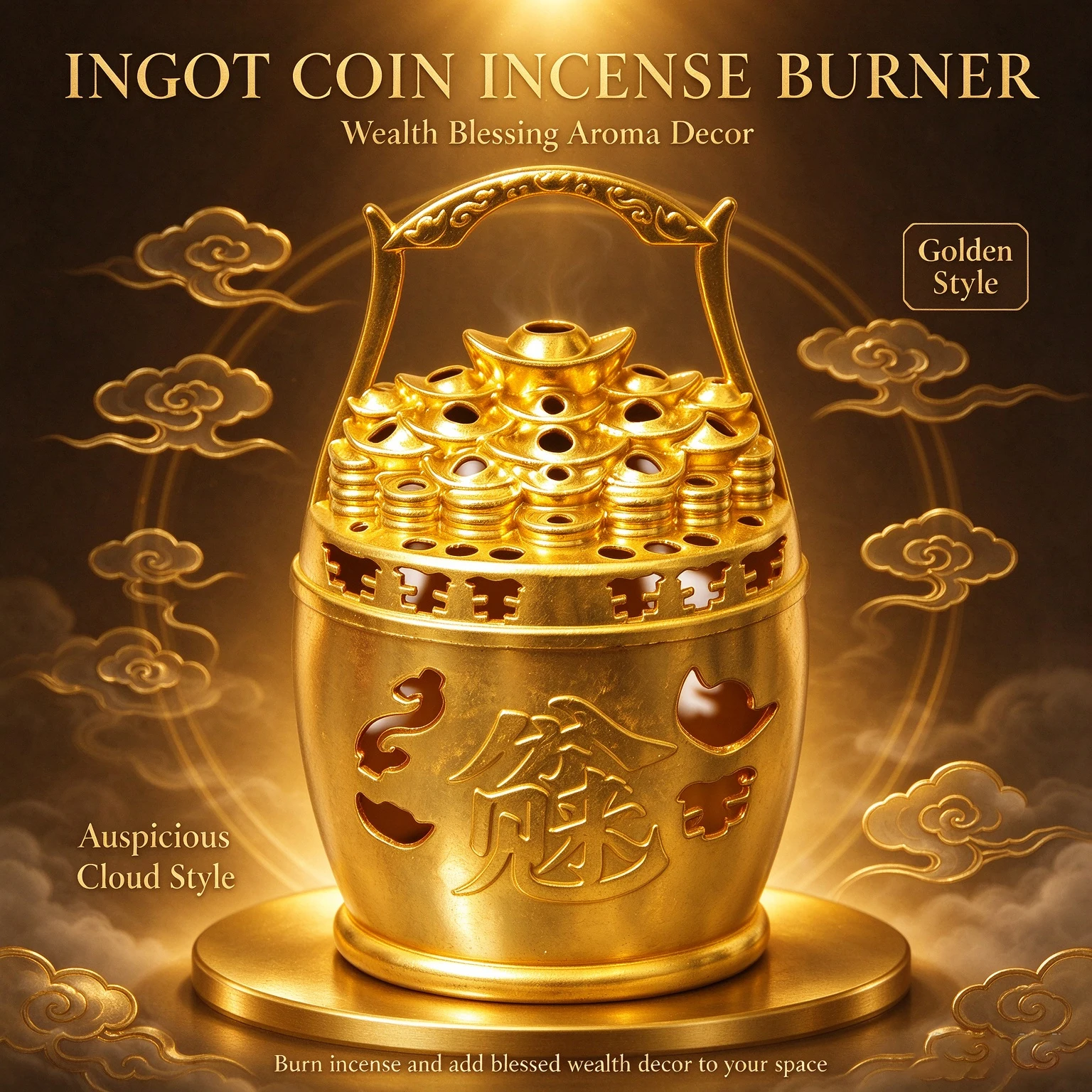 Golden Ingot Coin Bakhoor Burner Portable Handle Incense Holder Wealth Blessing Home Table Aroma Decor Arabian Room Gift