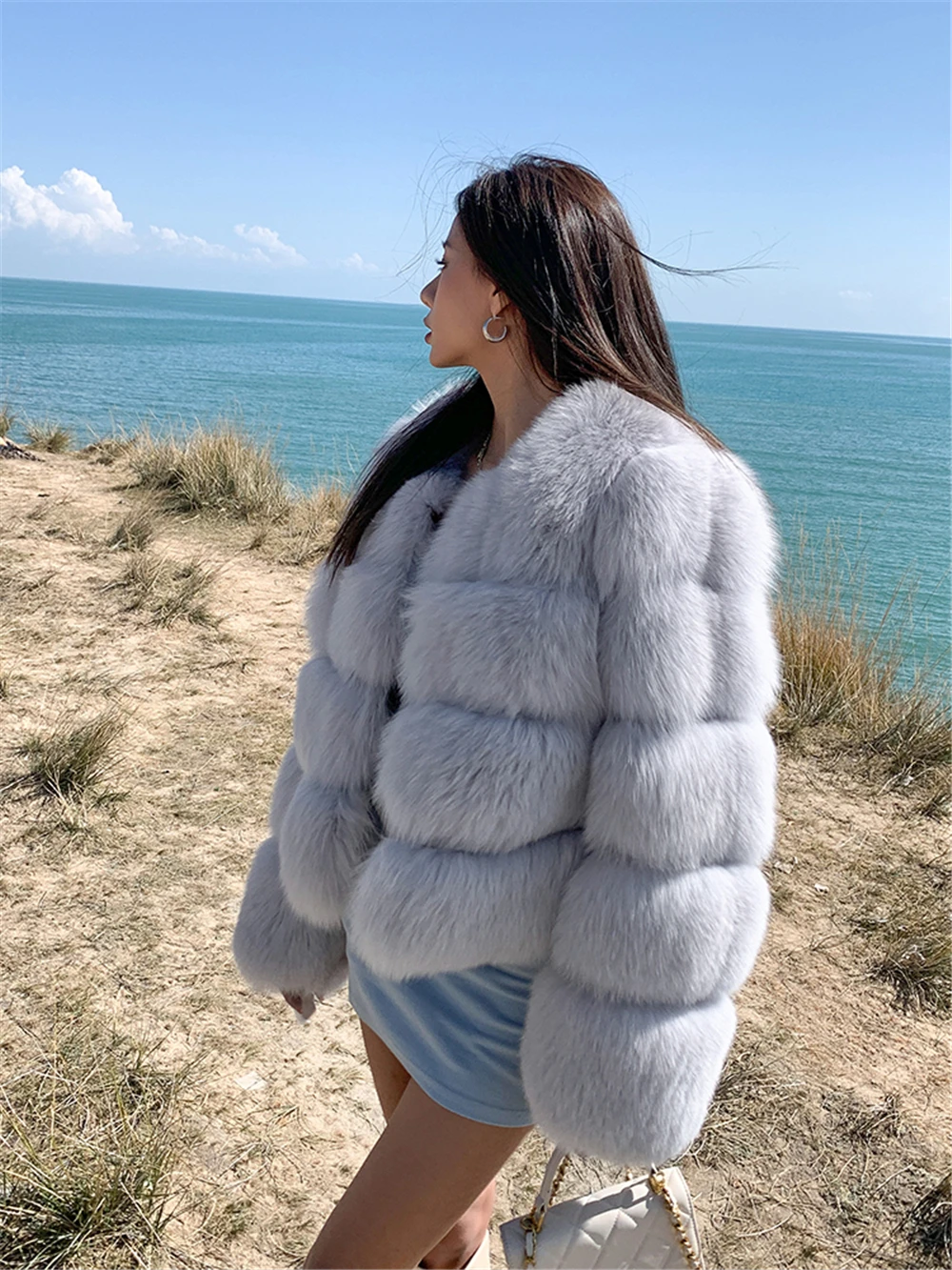 Real Blue Fox Fur Jacket for Women, Luxury, High Quality, Full Sleeves, Plush, Natural, White, Girl, Fashion, Winter