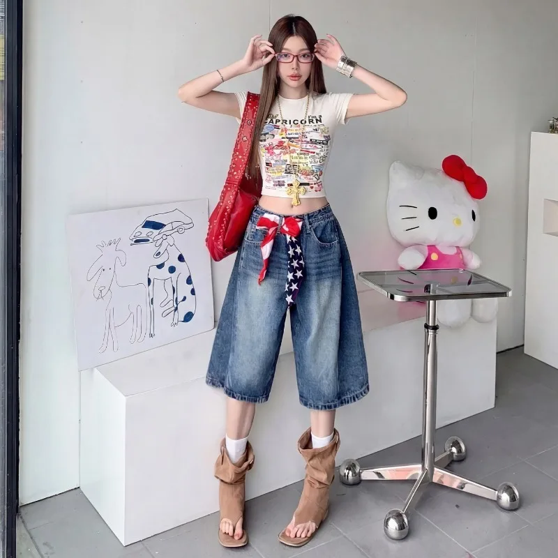 Women Y2k Wide Leg Denim Shorts Summer Casual Korean Vintage Cow Girl Baggy High Rise Wide Leg Jeans Jorts Bermuda Loose Shorts