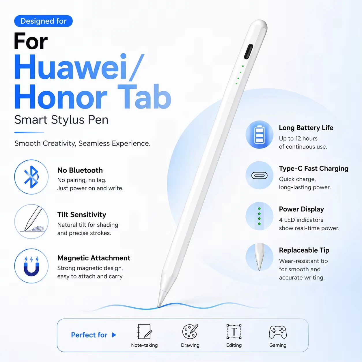 Stylus Pen for Honor Pad 9/8 Pro, Huawei MatePad 11.5/10.4 SE – Capacitive Tilt USB-C Rechargeable, No Bluetooth, Magnetic Pen