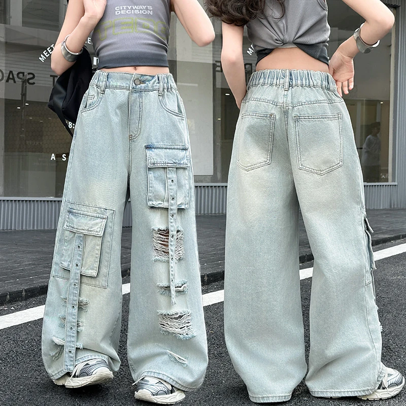 Girl High Fashion Street Style Distressed Ripped Cargo Jeans With Front Pocket for Tweens Kids Child Broken Hole Denim Pants
