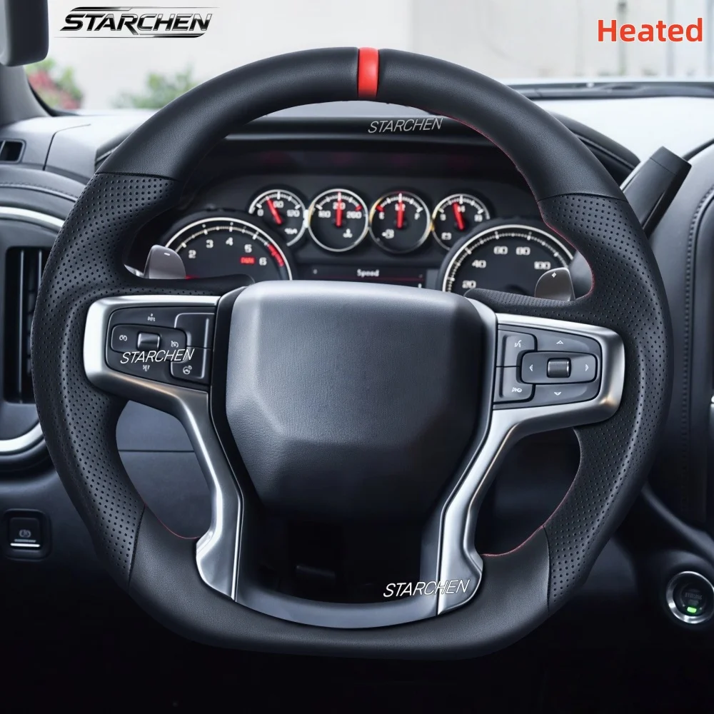 Full Leather Heated Steering Wheel for Chevrolet Silverado 1500 2500 3500 2020-2025 Perforated Leather Grip Red Line (With Paddle Holes, Heated)