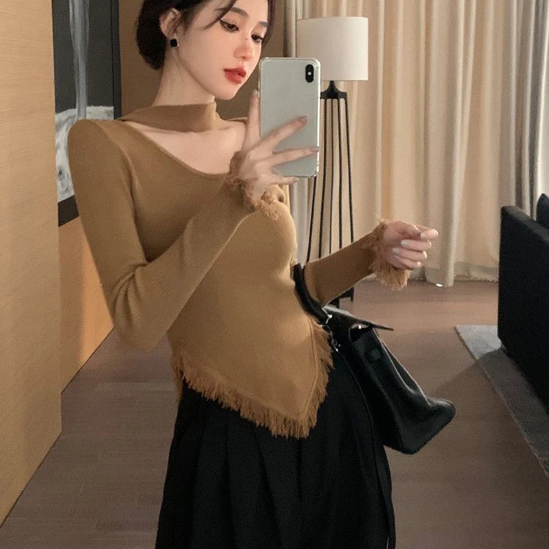 Halter Fashion Women Sweaters 2024 Irregular Knit Top Autumn Winter Pullovers Knitwear Long Sleeve Clothes Tassel Ladies Sweater