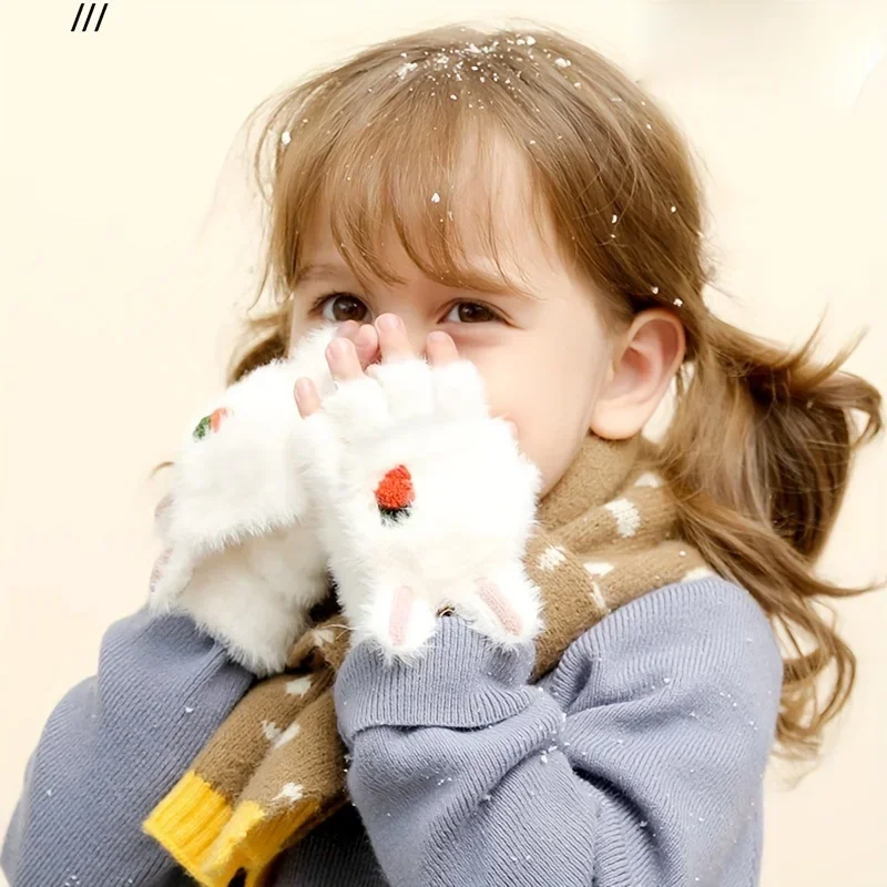 1pair Of Cute Cartoon Warm Gloves, Girls' Winter Outdoor Gloves, Knitted Flip-up Half-finger Gloves