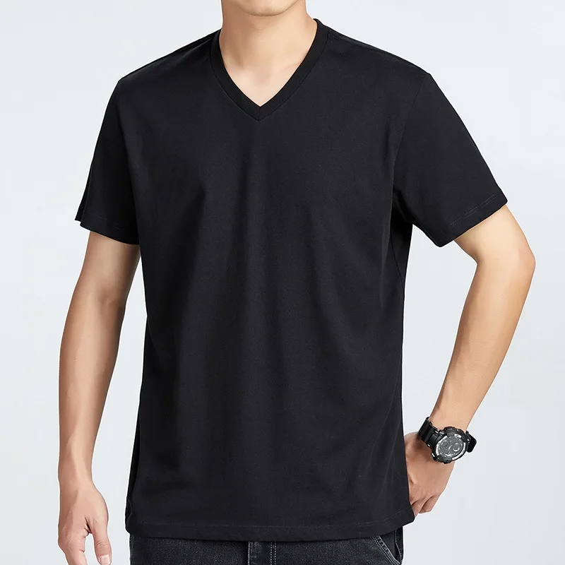 Short Sleeve T-shirt Men's High-quality Pure Cotton Comfortable Simple Loose Tops V-neck Solid Colors Casual Fashion T Shirts