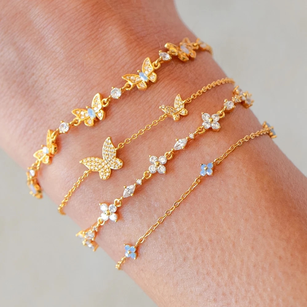 New Luxury Pink Crystal Bowknot Cubic Zirconia Pendant Bracelet Women Blue Butterfly Shiny Rhinestone Bangle Jewelry