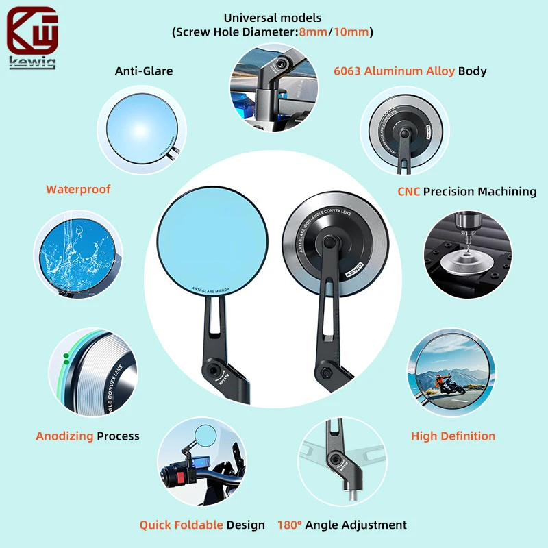 Kewig RM3 Upgraded Motorcycle Rearview Mirror Anti-Glare High Definition Waterproof Aluminum Rear View Mirror For Scooter E-Bike