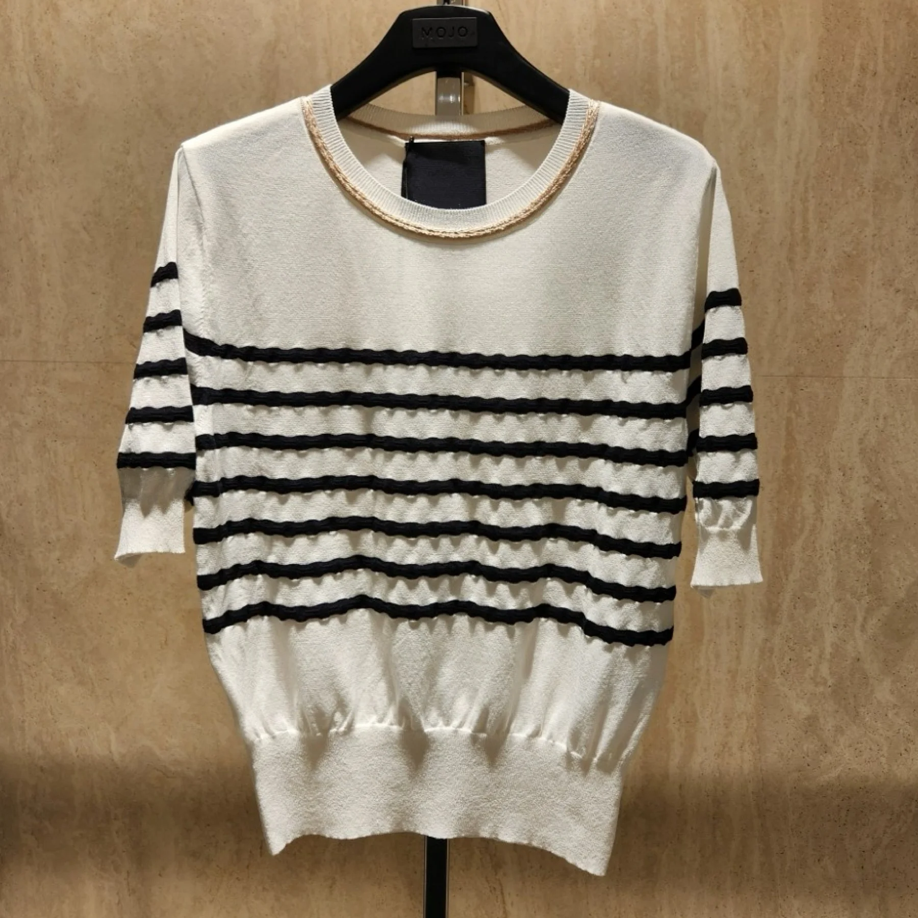 

Korean Sle Casual Striped Design ort Sve Knitwear round Ne Loose Fit Color Blo Slimming Effect Spring Summer Top