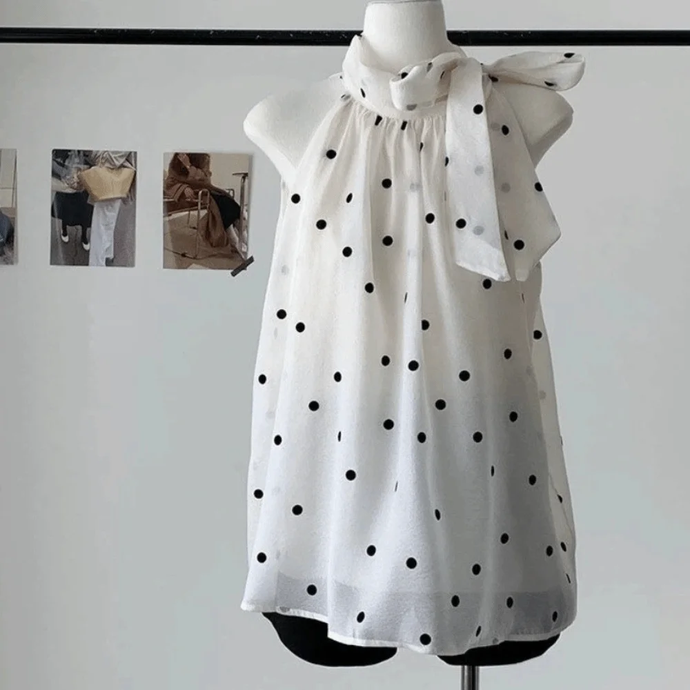 

Chic Bow Polka Dot Shirt Retro Gentle Hanging Neck Sleeveless Top French Style Y2k Chiffon Shirt Lady
