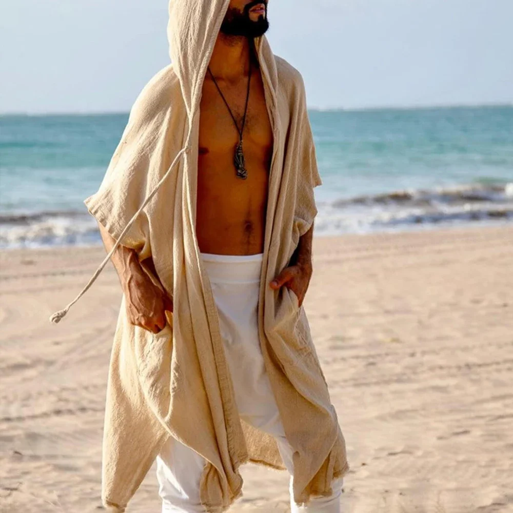 

2025 Summer Mens Solid Color Hooded Sun Protection Beach Clothes Fashionable Travel Holiday Style All-match Casual Cape Clothes