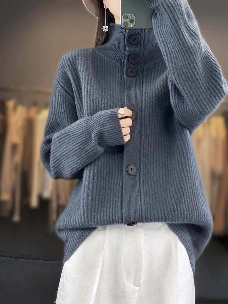 

Spring Autumn New Women's 100% Wool Cardigan Turtleneck Loose Coat Female Casual Long Sleeve Knitted Cardigans Ladies Jackets