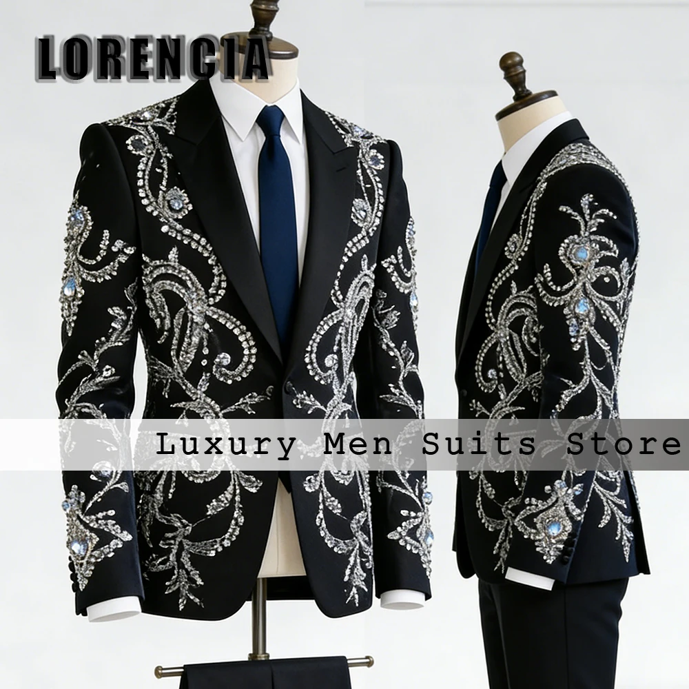 

Glitter Jewelry Suits for Male 2 Pcs Exquisite Diamond Evening Party Outfits Prom Tuxedo Customized Blazer Pants disfraz hombre