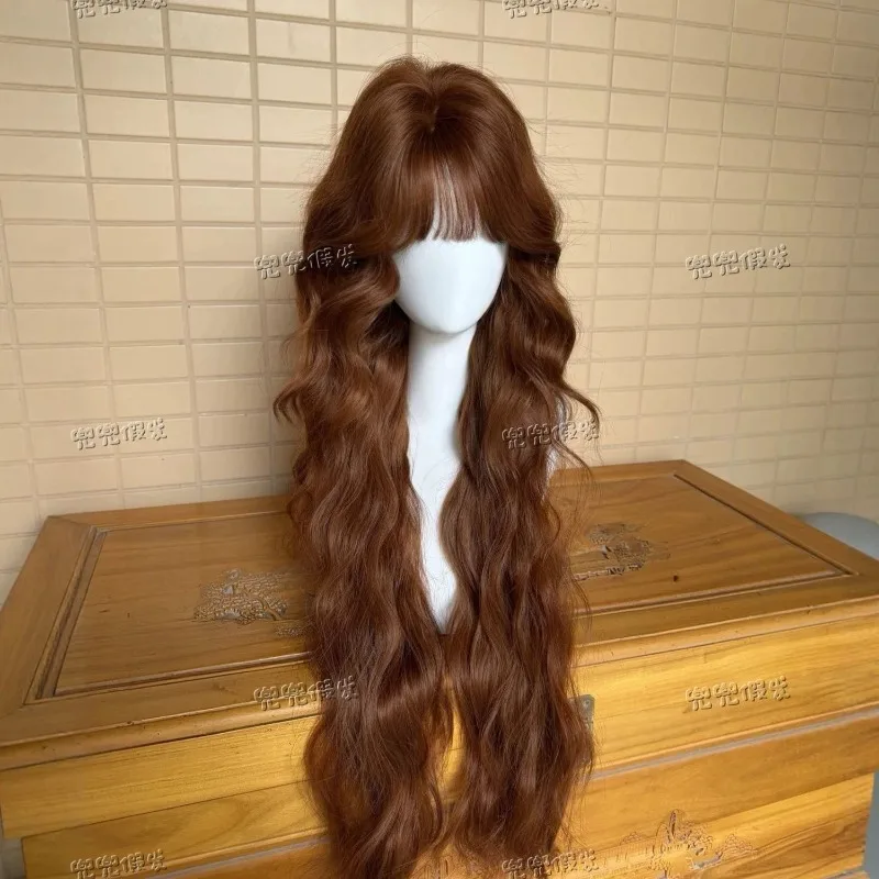 80cm Orange Brown Water Wave Long Wig Full Head Cover High Layered Heat Resistant Synthetic Hair Wig for Women Daily Hairstyle