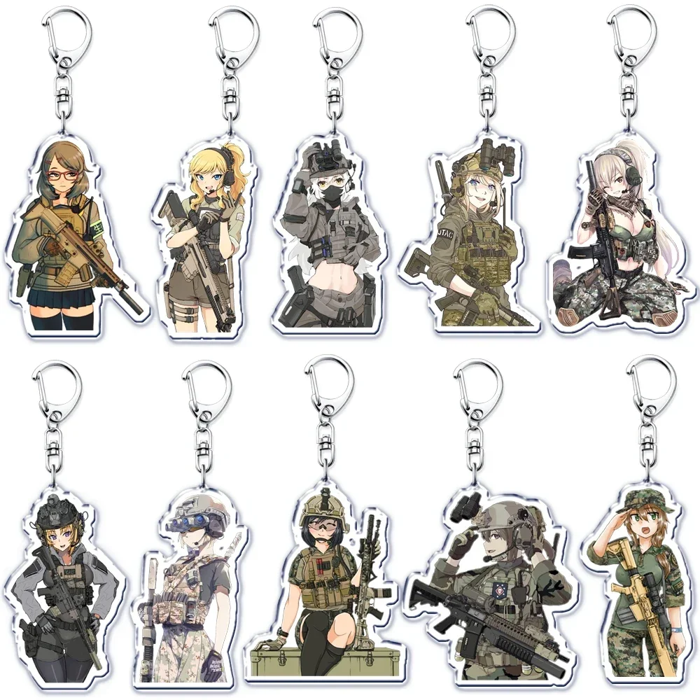 Cartoon Waifu Girls Soldiers Acrylic Keychains Ring for Accessories Bag Hentai Anime Women Pendant Keyring Jewelry Fans Gifts