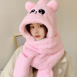 Little Bear Scarf Female Winter Hat Scarf One Lovely Lamb Cashmere Thickened Warm Neck Protection Winter Girl Embroidered Pink