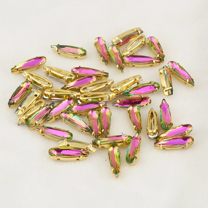 PEESOM New Shape 20pcs 4x15mm Teardrop Colorful Sew on Glass Teardrop strass Gold Sharp Drop Crystal cucito accessori fai da te