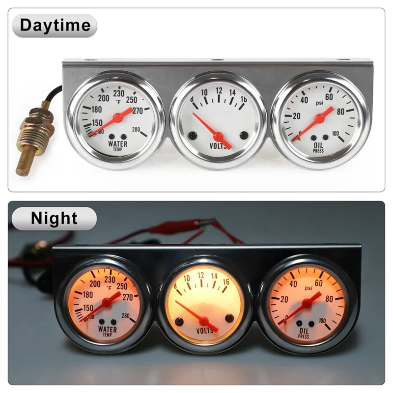 Triple Gauge Kit Oil/Volt/Water Gauge 2 Inch Chrome Oil Temp Water Temp Gauge Temperature Oil Pressure Voltage Gauge