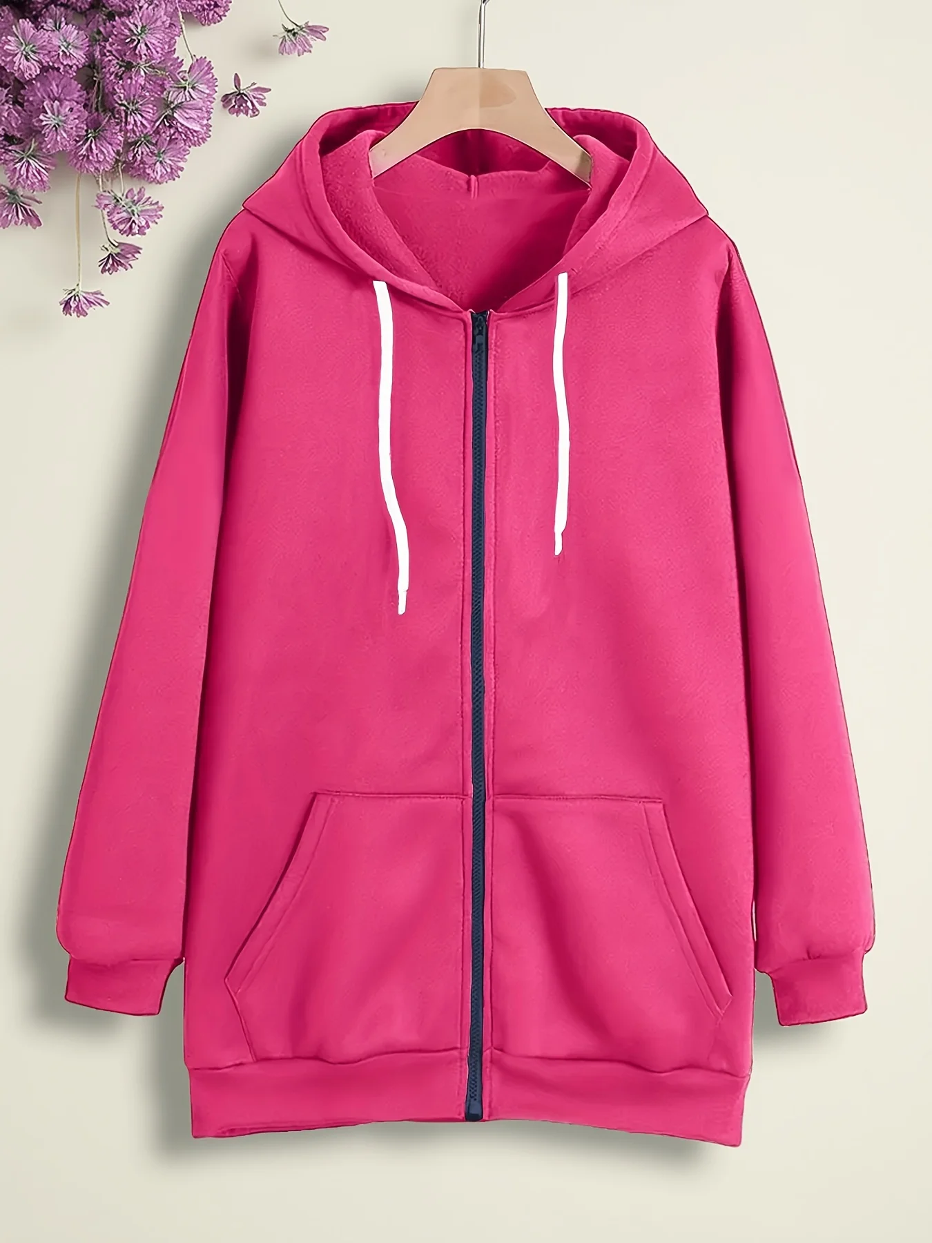 Plus-Size Long-Sleeve Solid Color Jacket, Zipper, Pockets, Hooded Drawstring Sweatshirt Plus Size Clothing
