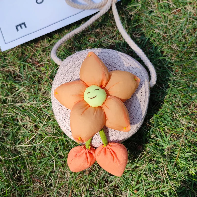 Summer  Hand-woven Straw Small Bag Children Mini Cute Flower Kids Messenger Bags Girls Toddler Baby Casual Solid Color Round Bag