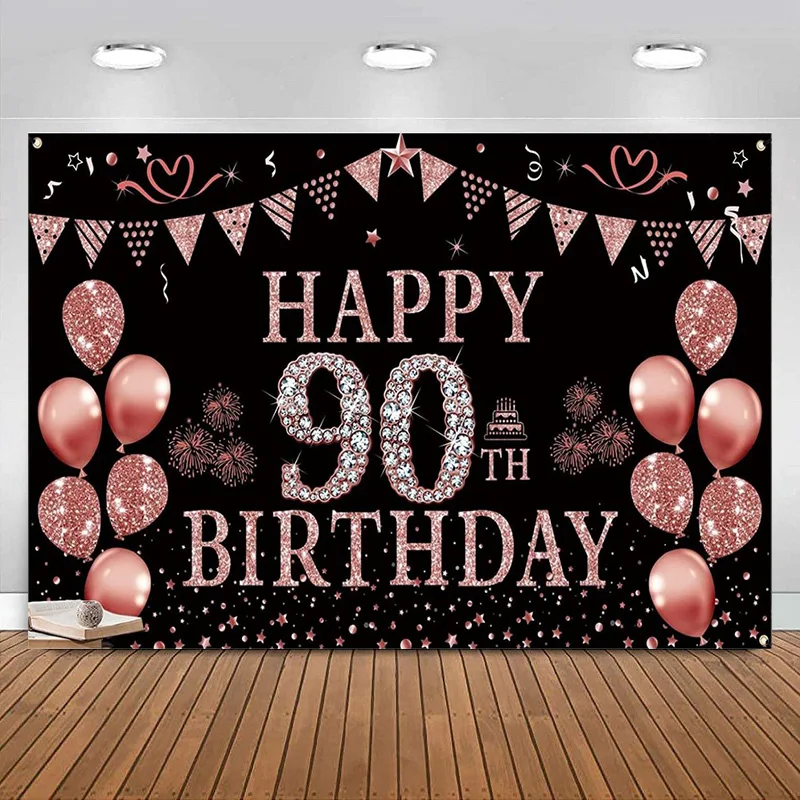 

Happy 90th Birthday Decorations Backdrop for Women men Rose pink balloon Banner Party Suppiles Photography Background Supplies