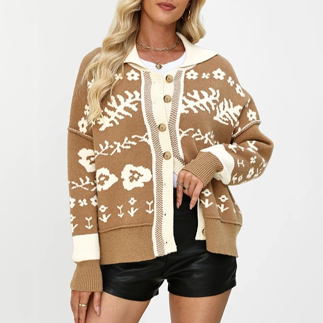 Contrast Collar Floral Leaf Jacquard Knit Cardigan Color Block Rib Cuff Oversized Loose Retro Sweater Coat Valentine gift 260602
