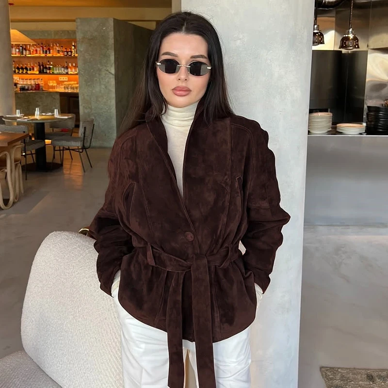 

2025 замшевые куртки, пальто, женское повседневное свободное лоскутное пальто с длинными рукавами, женские бандажные куртки, новое уличное пальто