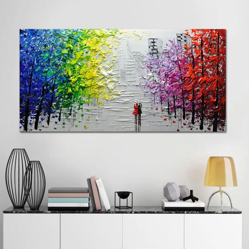 Rainbow Tree Couple City Oil Painting on The Wall Handpainted Horizontal Canvas Picture for Living Room Romantic Home Decor